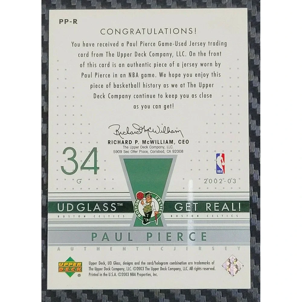 2002-03 UD GALSS PAUL PIERCE GET‎ REAL! GAME USED JERSEY CARD